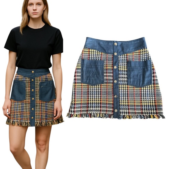 Zara Blue Multi Tweed Plaid Mini Skirt Pockets Snap Front Denim Colorful… - Picture 3 of 16